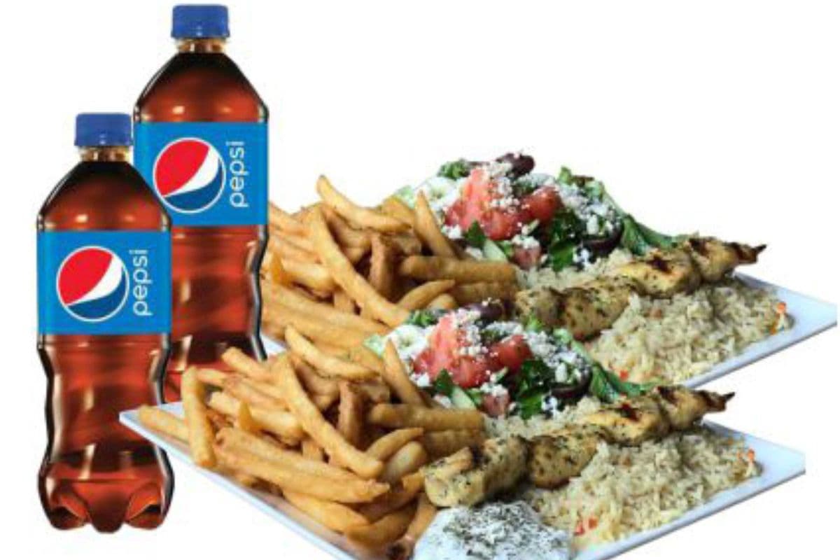 Two Chicken Souvlaki Plates (One Stick) And Two Drinks