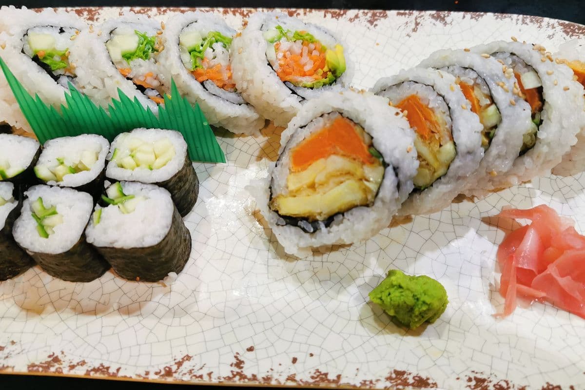 C12. Yam Roll, Vegetables Roll, Kappa Maki, and Miso Soup Combo