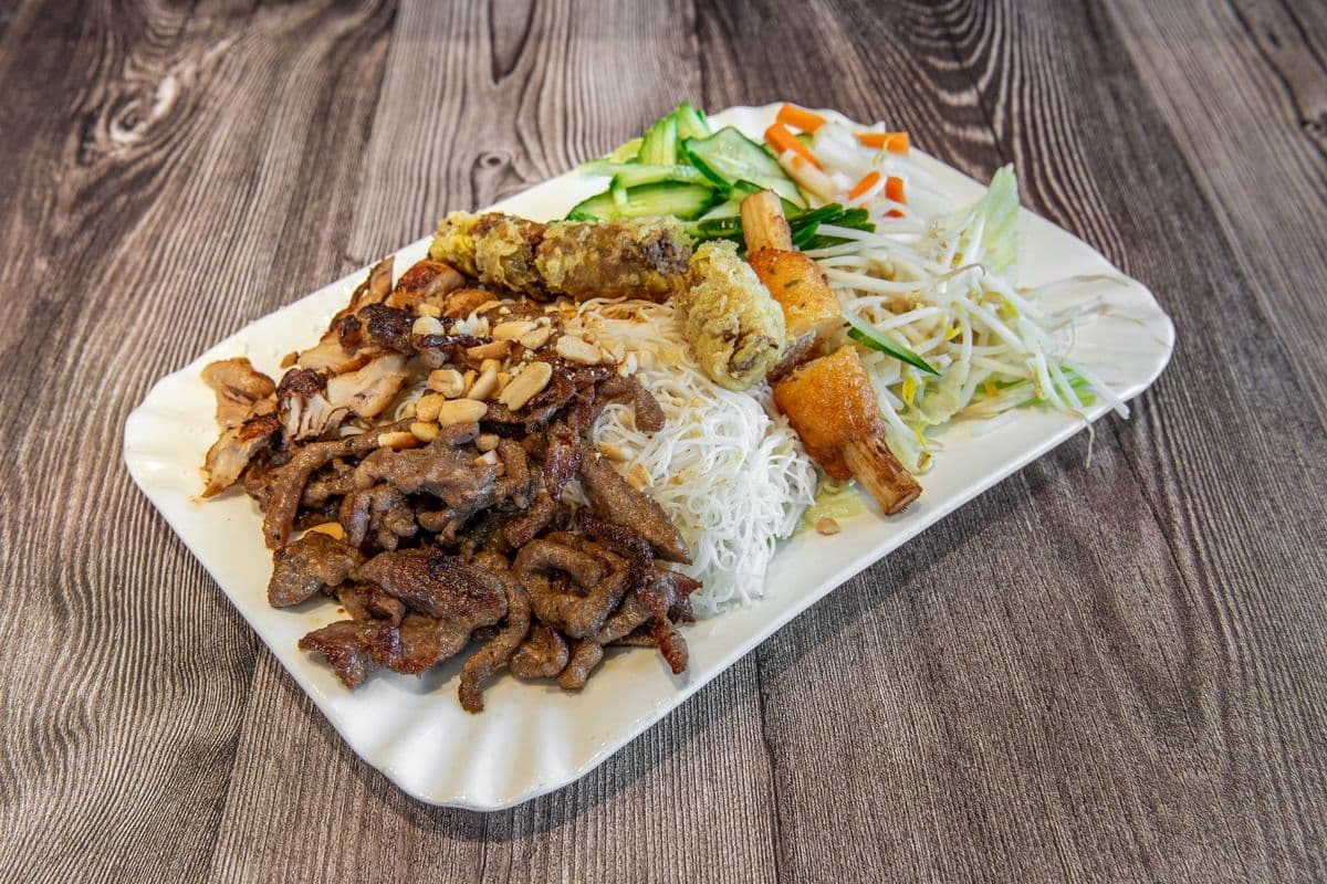504. BBQ Beef, Minced Shrimp on Sugarcane, and Spring Roll - Bo Nuong, Chao Tom, Cha Gio