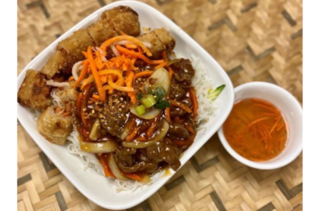56. With Spring Rolls and Stir-Fried Satay Chicken or Beef - Bun Cha Gio Ga Hoac Bo Xao Satay