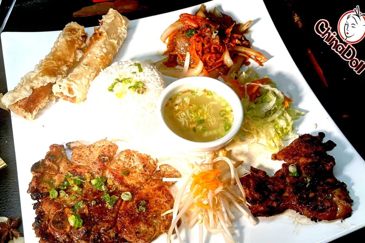 #49. Grilled Chicken, BBQ Pork Chop, Stir-Fried Satay Beef, and Spring Roll.