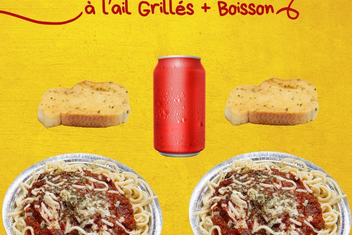 2 Spaghettis + 2 Pains à l’ail Grillés + Boisson