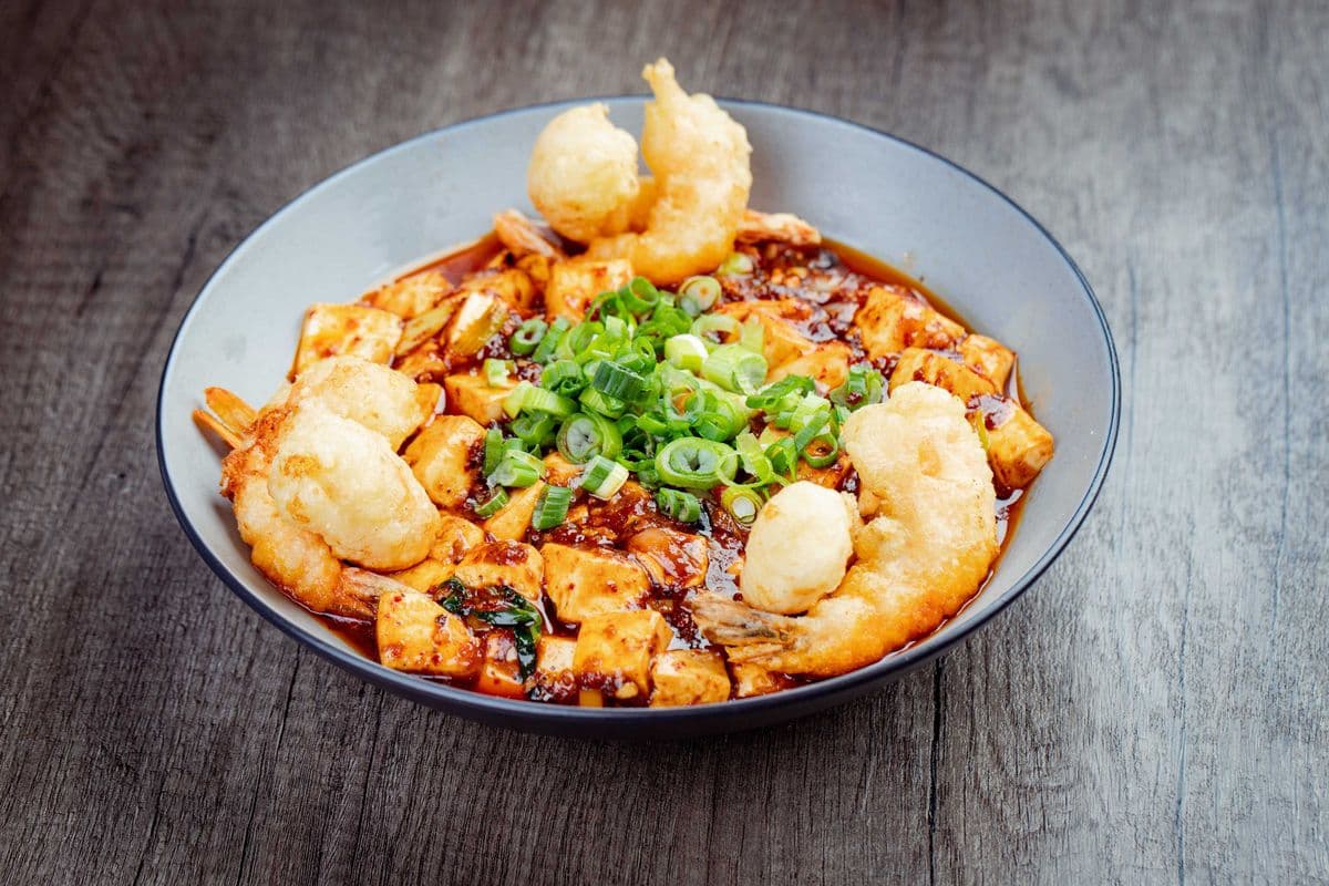 Spicy Minced Pork with Bean Curd and Tiger Shrimp 麻婆豆腐老虎蝦