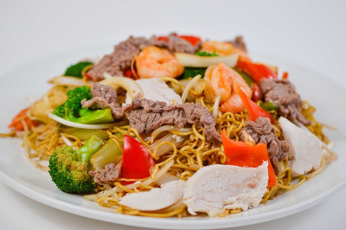 80. Stir-Fried Prawns, Beef, Chicken, and Mixed Vegetables with Soft Egg Noodles - Mi Xao Mem Tom, Bo, Ga, Rau Cai