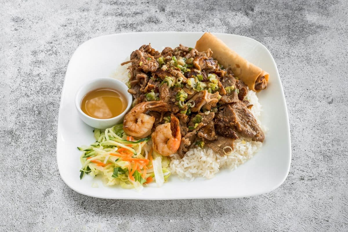 45. Rice with Grilled Pork, Beef, Chicken, Shrimp, and Spring Roll