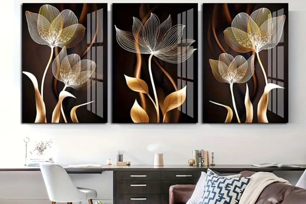 Framed Wall Art Modern Abstract Golden Flower Set of 3 SKU107W