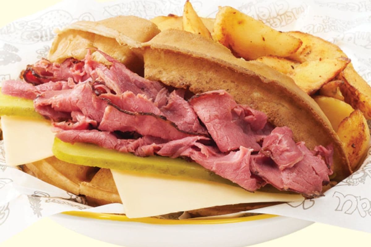 Smoked meat waffle sandwich