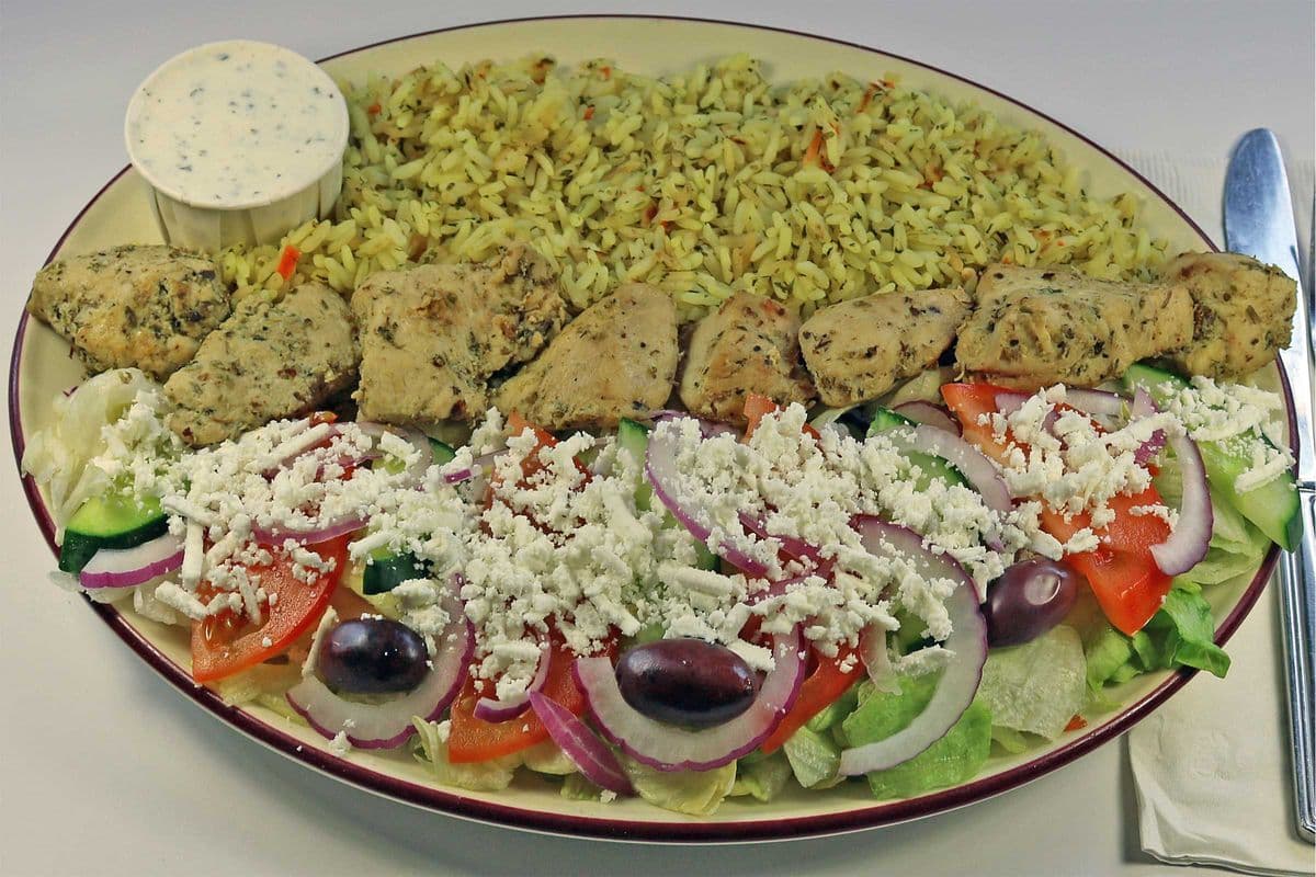 Chicken Souvlaki Dinner with Greek rice and Greek Salad