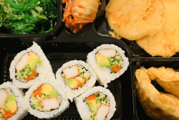 01 Californnia Roll (6pcs), Chicken Gyoza (2pcs), Yam Tempura (2pcs), and Mushroom Tempura (2pcs)