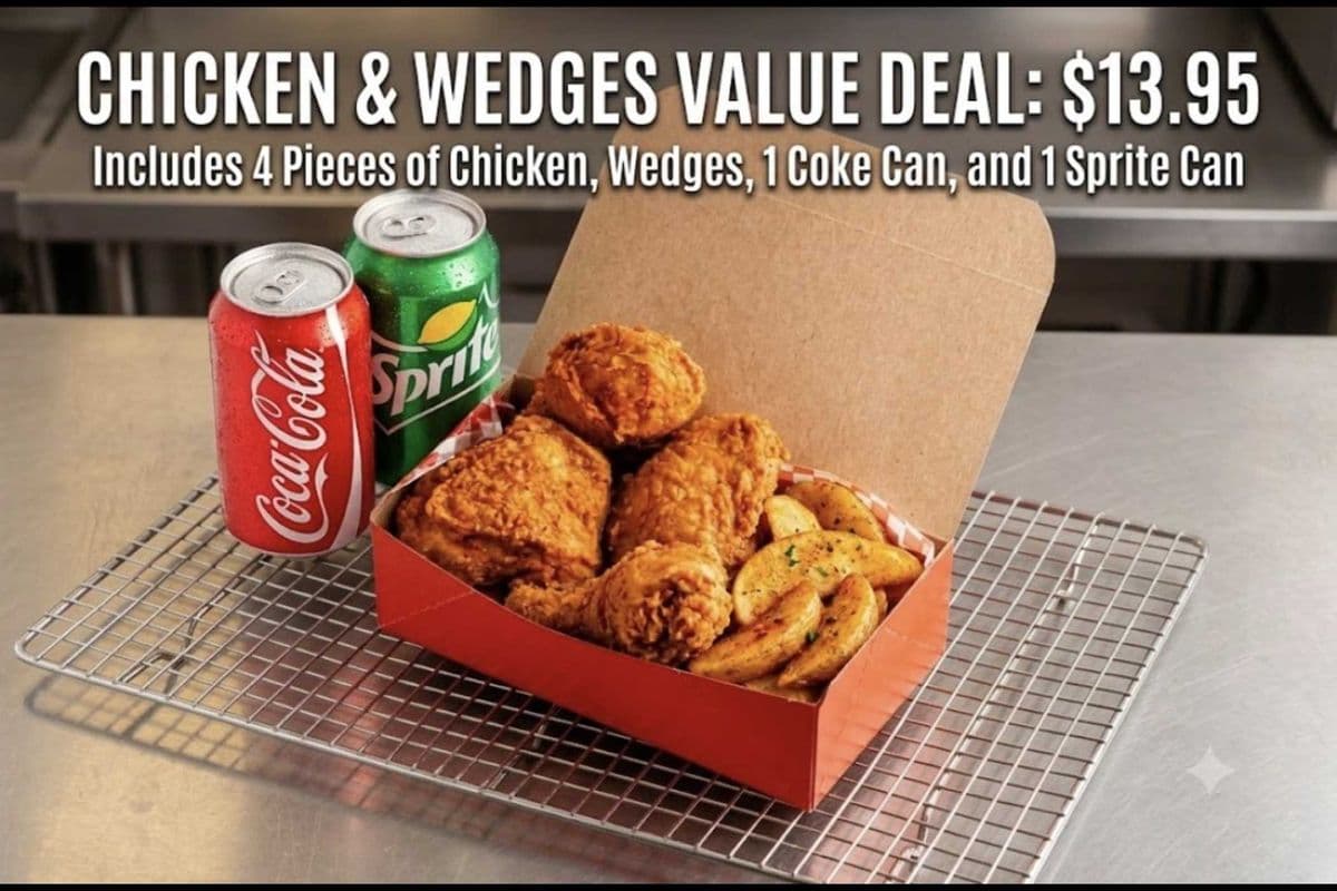 4 pieces of chicken & wedges with a can of pop