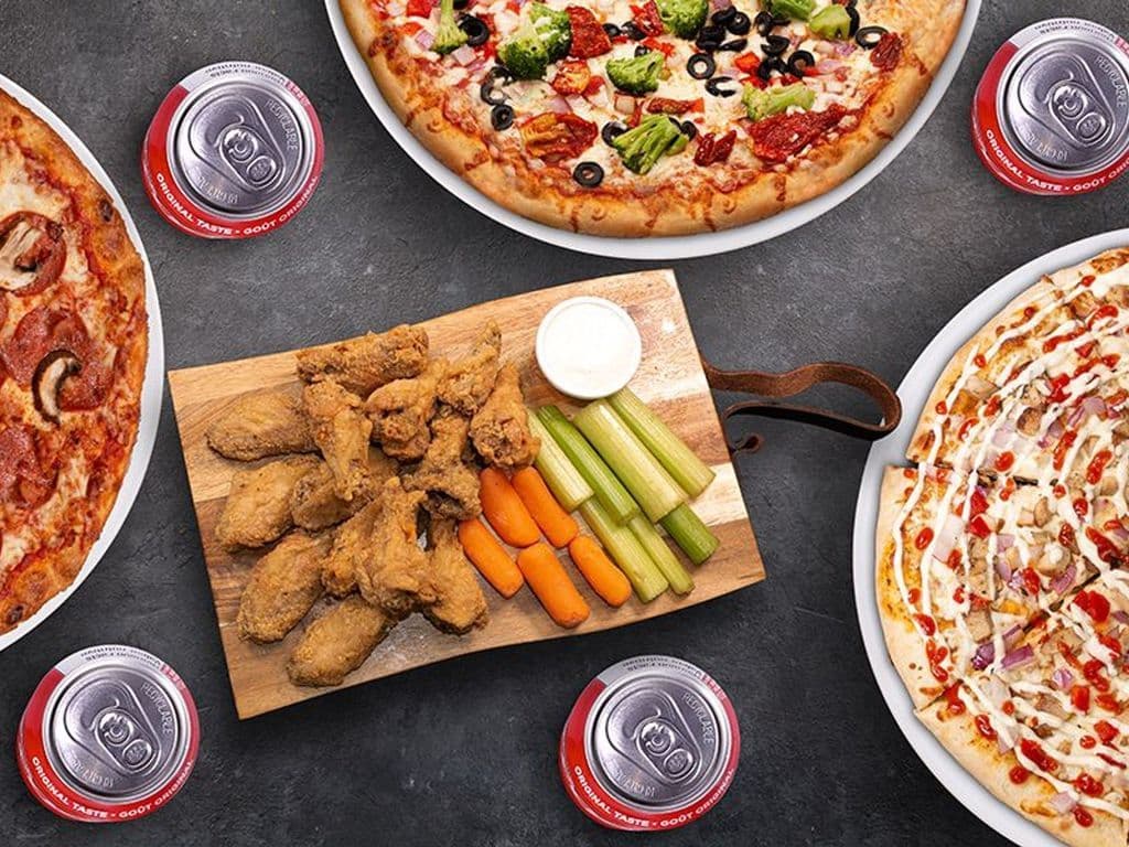 3 Large Pizzas, 25 wings & more