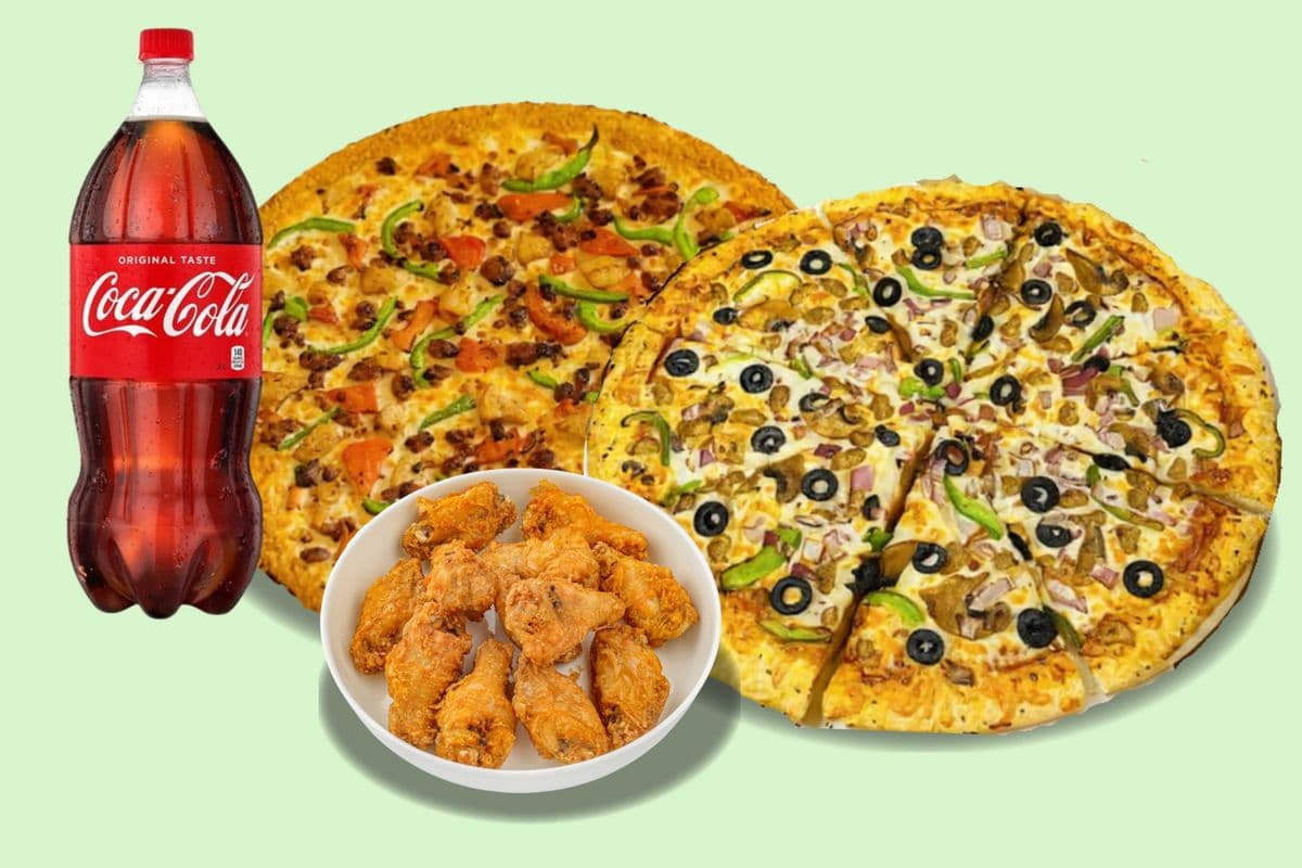 Combo 4:- 2Large 14" Pizzas, 12 Wings & 2L Pop