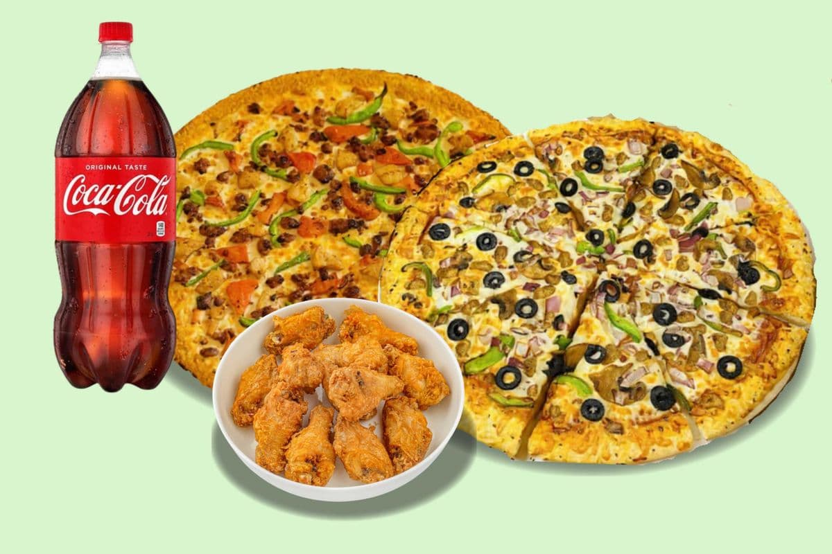 2 Medium(12") Pizzas, 1 lb Chicken Wings, and 2-Litre Pop