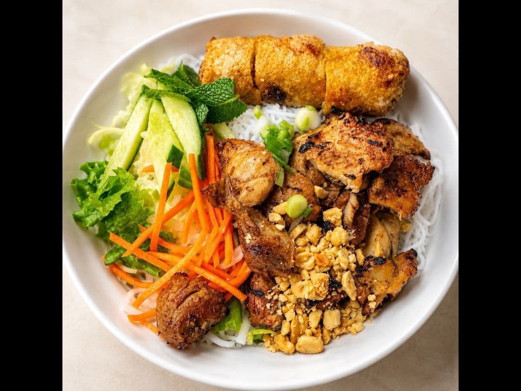 422. Grilled Chicken and  Deep Fried Spring Roll on Vermicelli