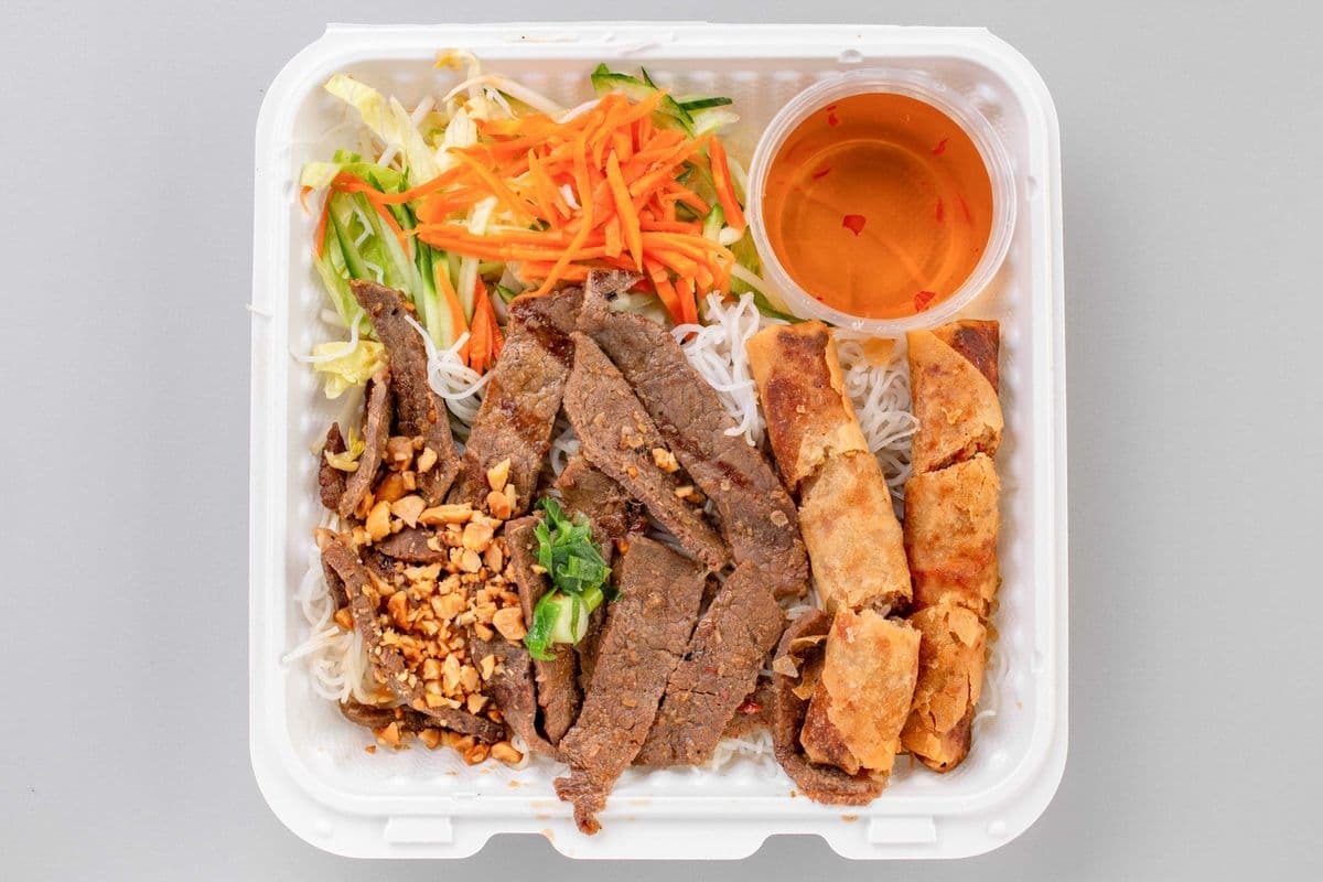 71 B. Grilled Satay Beef & Spring Rolls on Rice Vermicelli