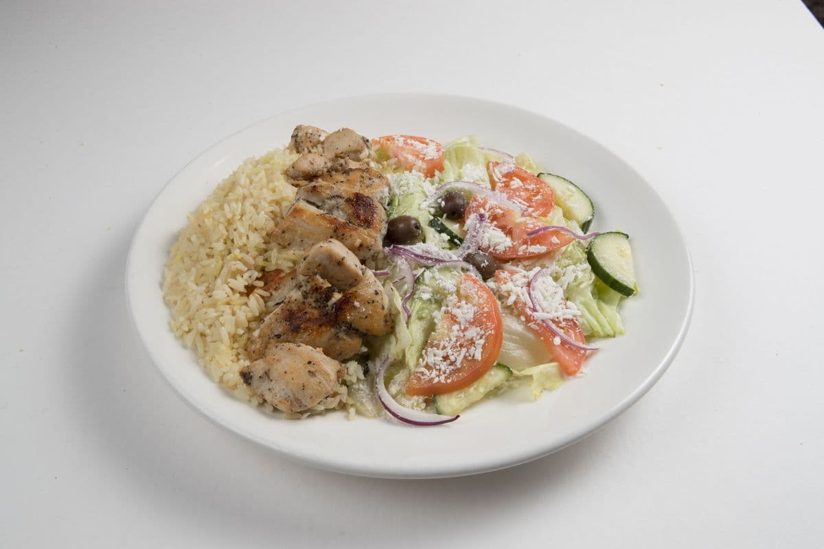 Chicken Souvlaki with Rice and Greek Salad