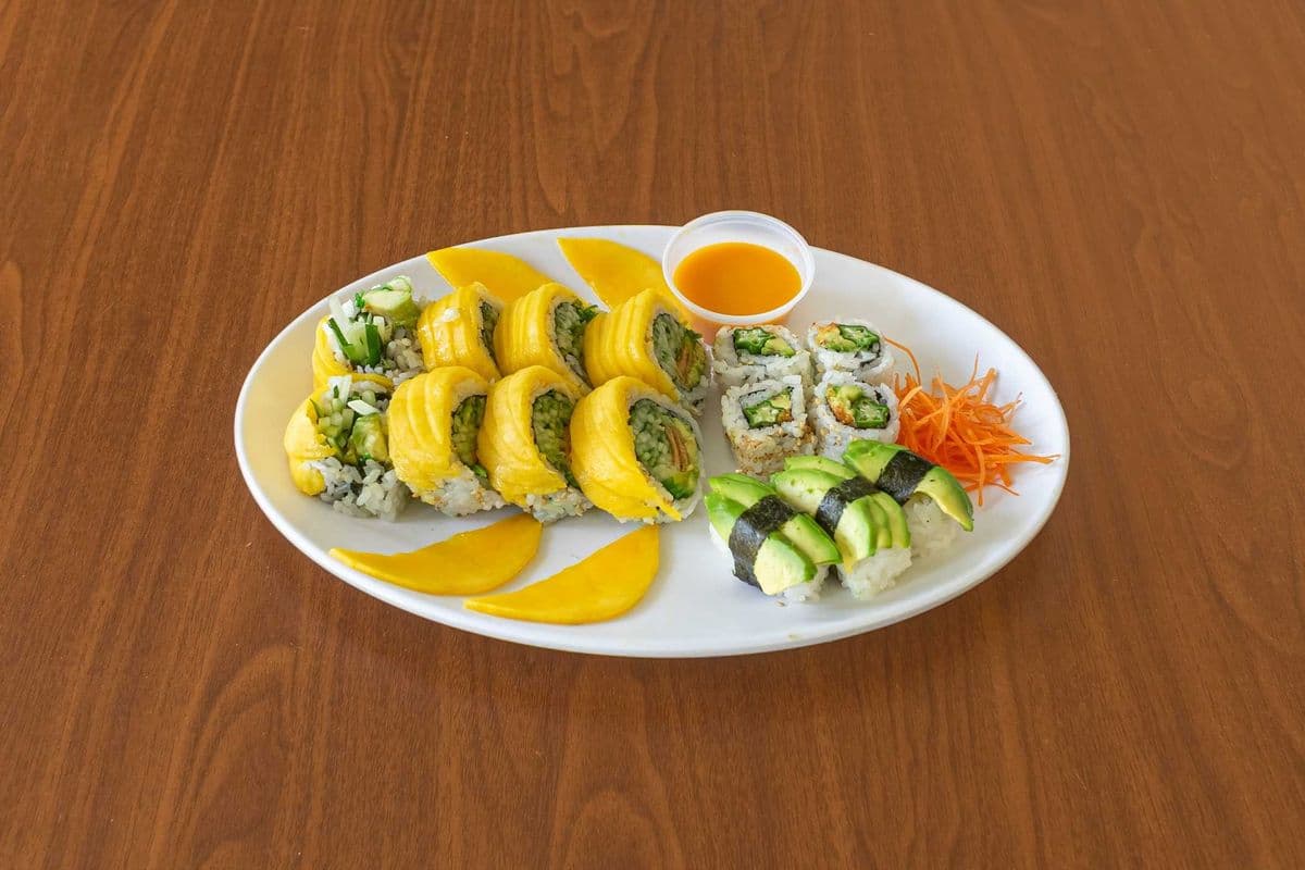 AC6. Gold Veggie Dragon Roll (8 pcs), Avocado Sushi (3 pcs), and Fried Okra Roll (4 pcs)