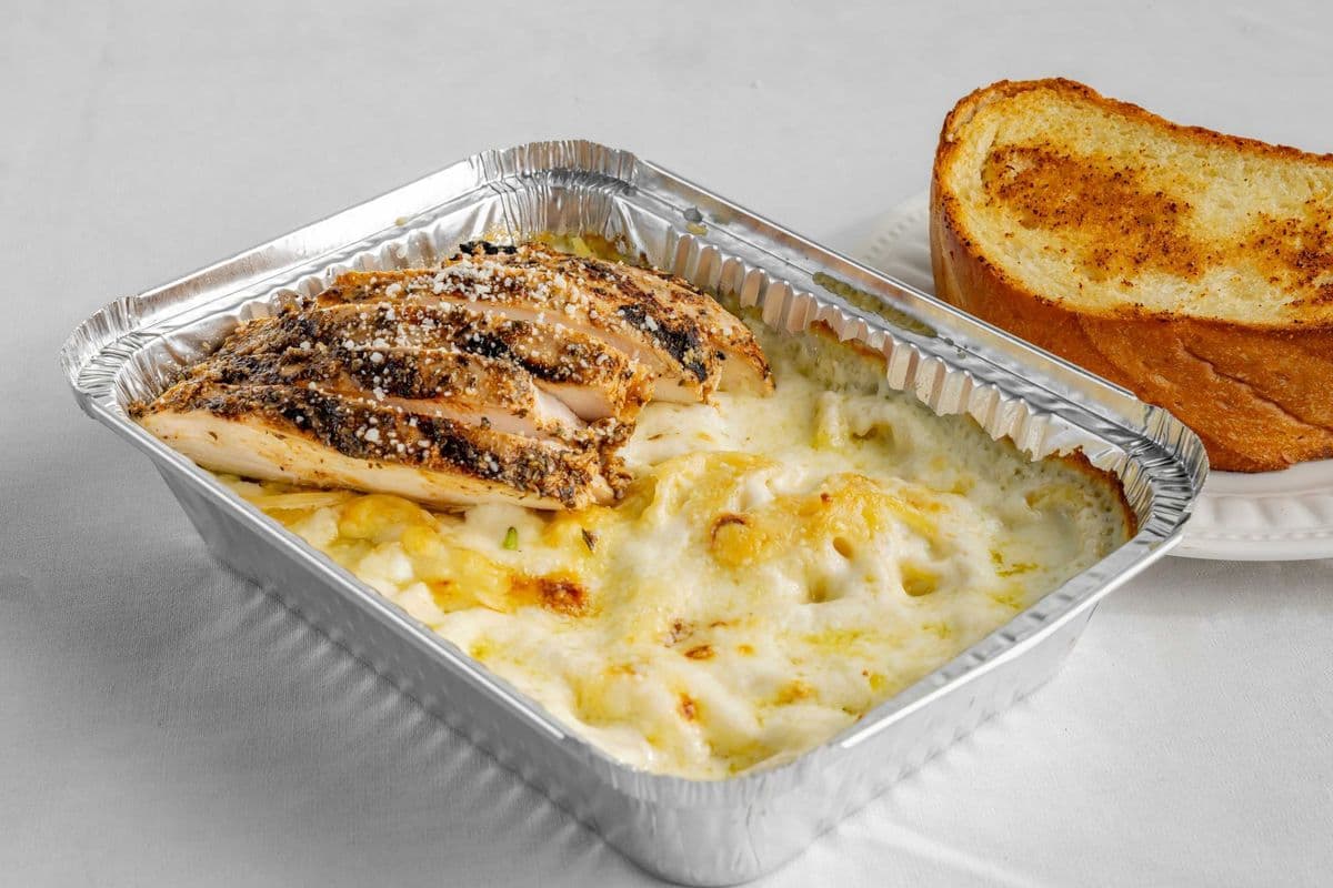 Baked Spaghetti with Cheesy Alfredo and Grilled Blackened Chicken