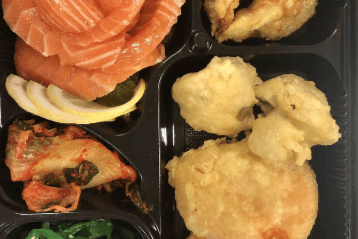 07 Salmon Sashimi (6pcs), Chicken Gyoza (2pcs), Yam Tempura (2pcs), and Mushroom Tempura (2pcs)