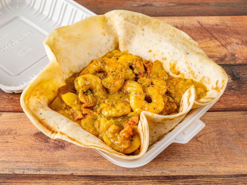 Coconut Pepper Shrimp  Roti