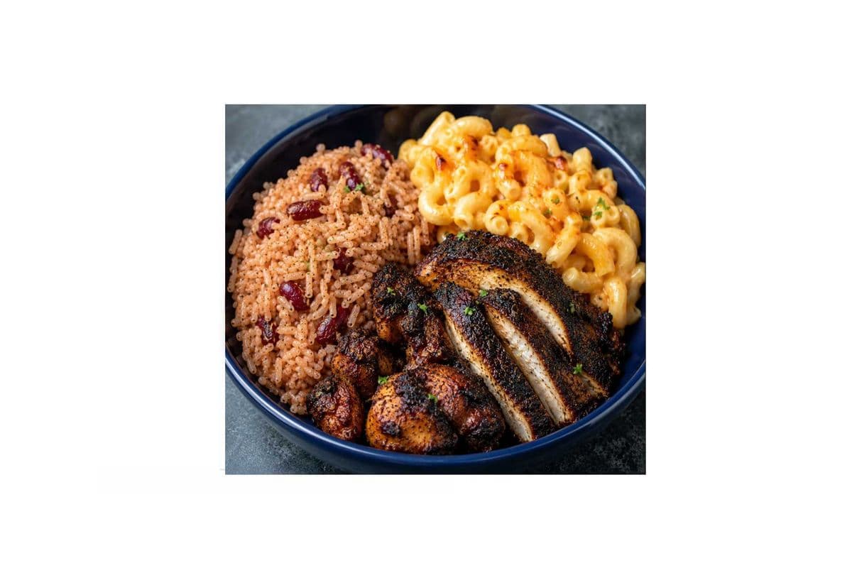 Jerk Chicken with Rice And Peas and Mac and Cheese