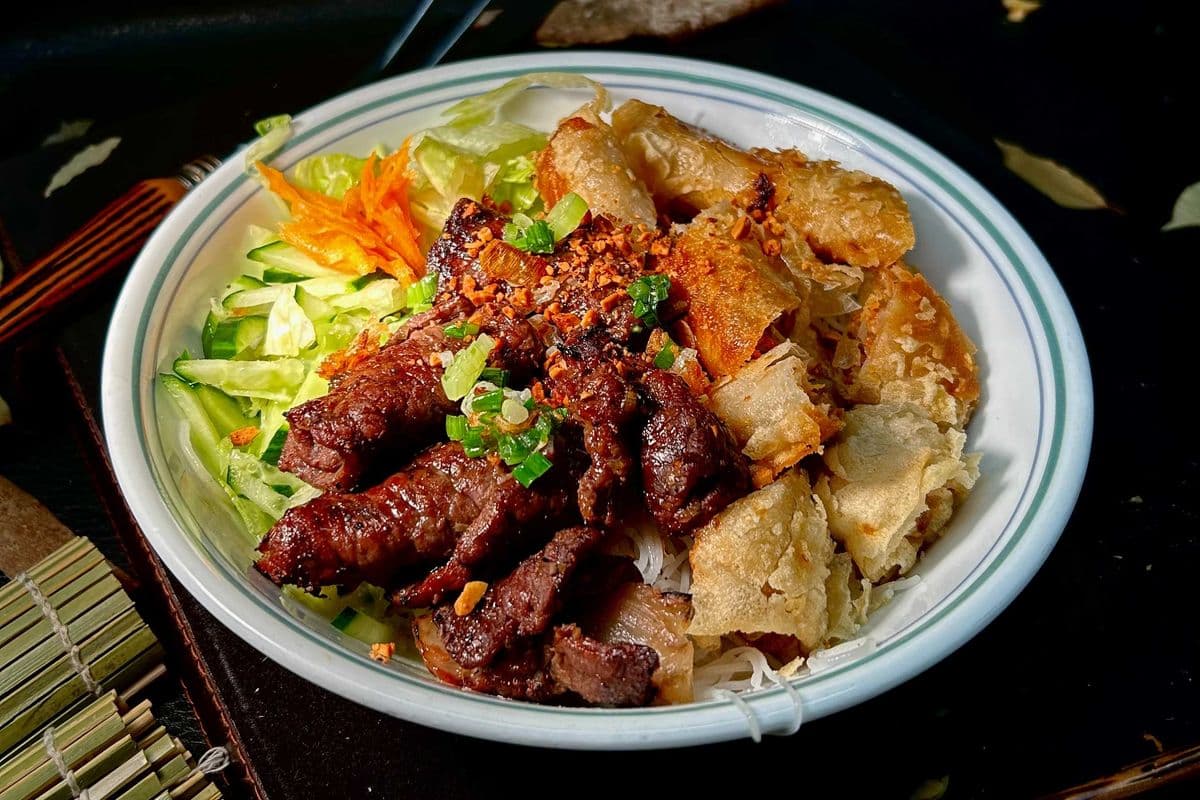 57. With Spring Rolls and Chicken or Beef on Skewer