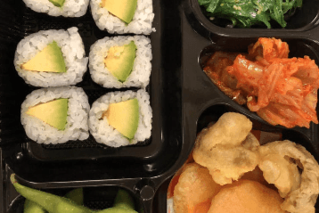 05 Avocado Roll (6pcs), Edamame, Yam Tempura (2pcs), and Mushroom tempura (2pcs)