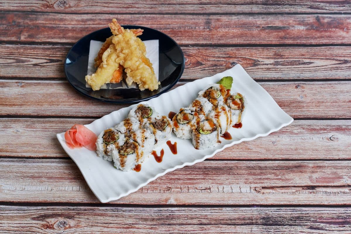 Sp-7. Dynamite Roll, California (4 Pcs), B.C. Roll (4 Pcs), and Appetizer Tempura