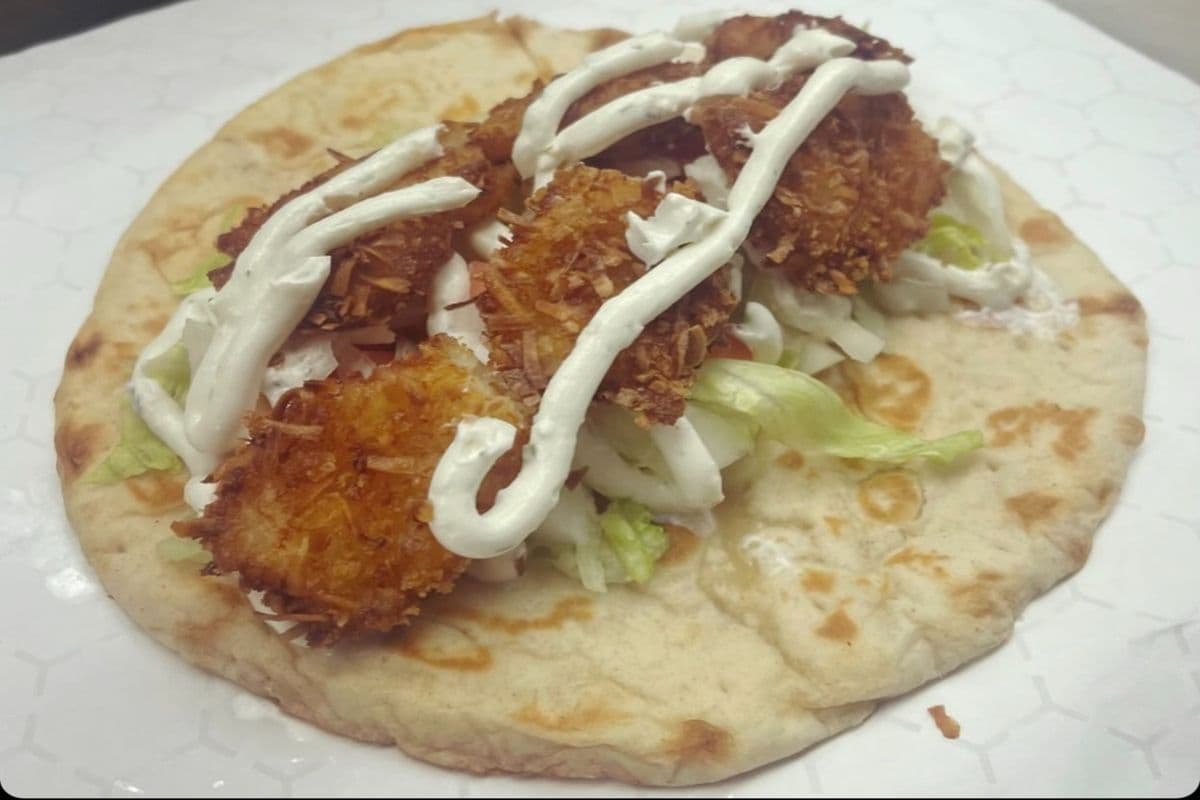 Coconut Shrimp Souvlaki on a Pita
