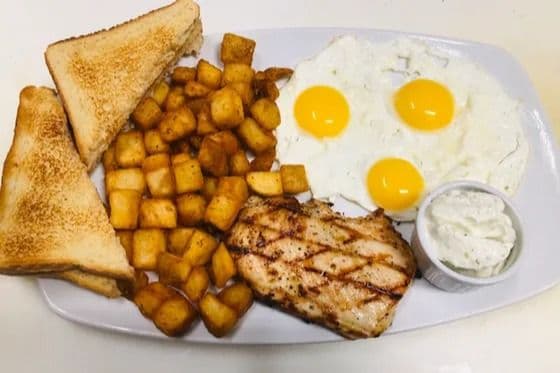 12. Chicken Breast Three Eggs Toast and Home Fries