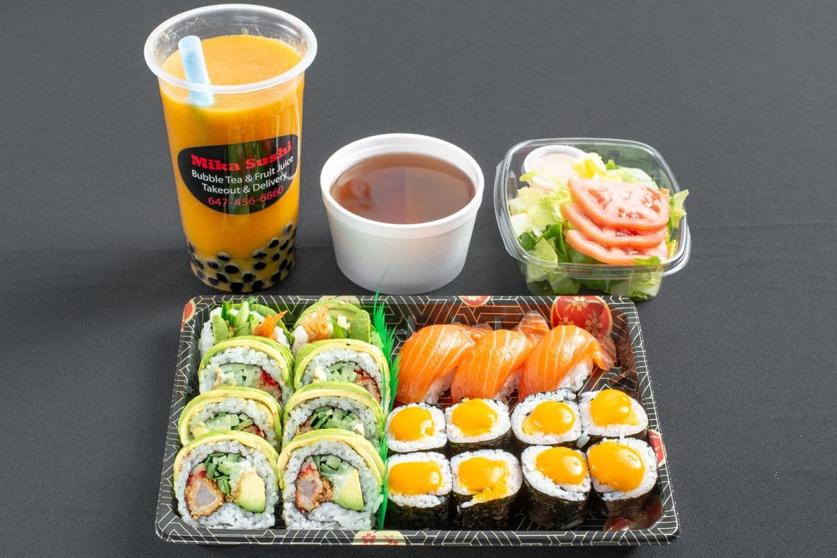 PC11. Green Dragon Roll (8 pcs), Salmon Sushi (3 pcs), and Mango Roll (8 pcs)