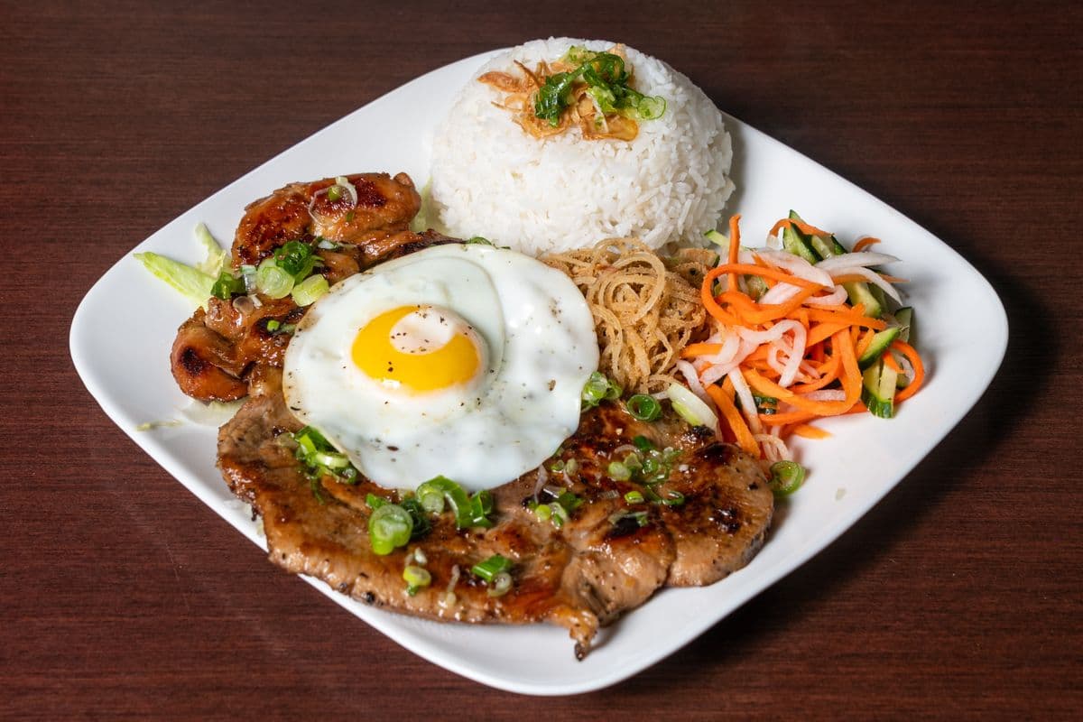 41. Grilled Pork Chop, Chicken, Fried Egg, and Shredded Pork on Rice