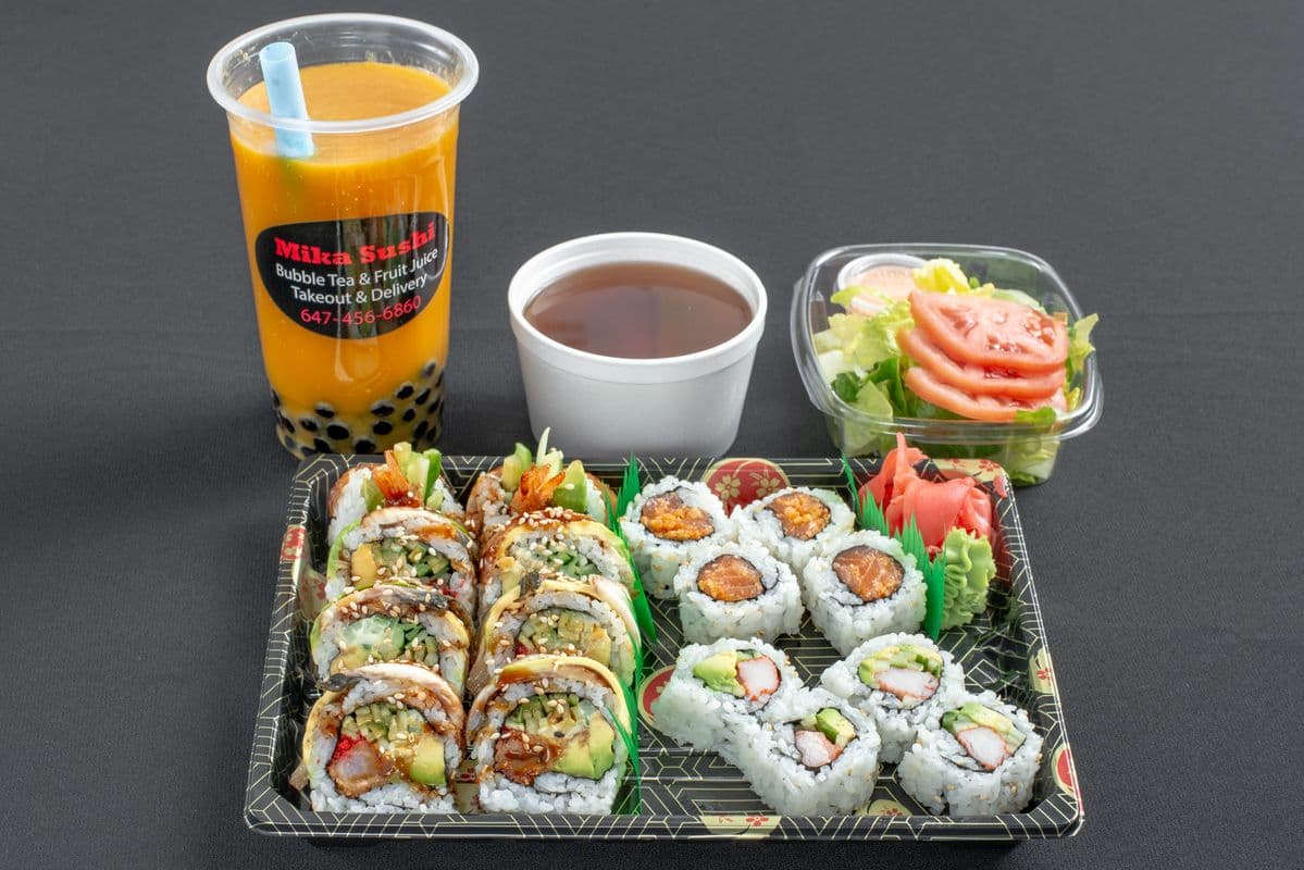 PC10. Black Dragon Roll (8 pcs), Spicy Salmon (4 pcs), and California Roll (4 pcs)