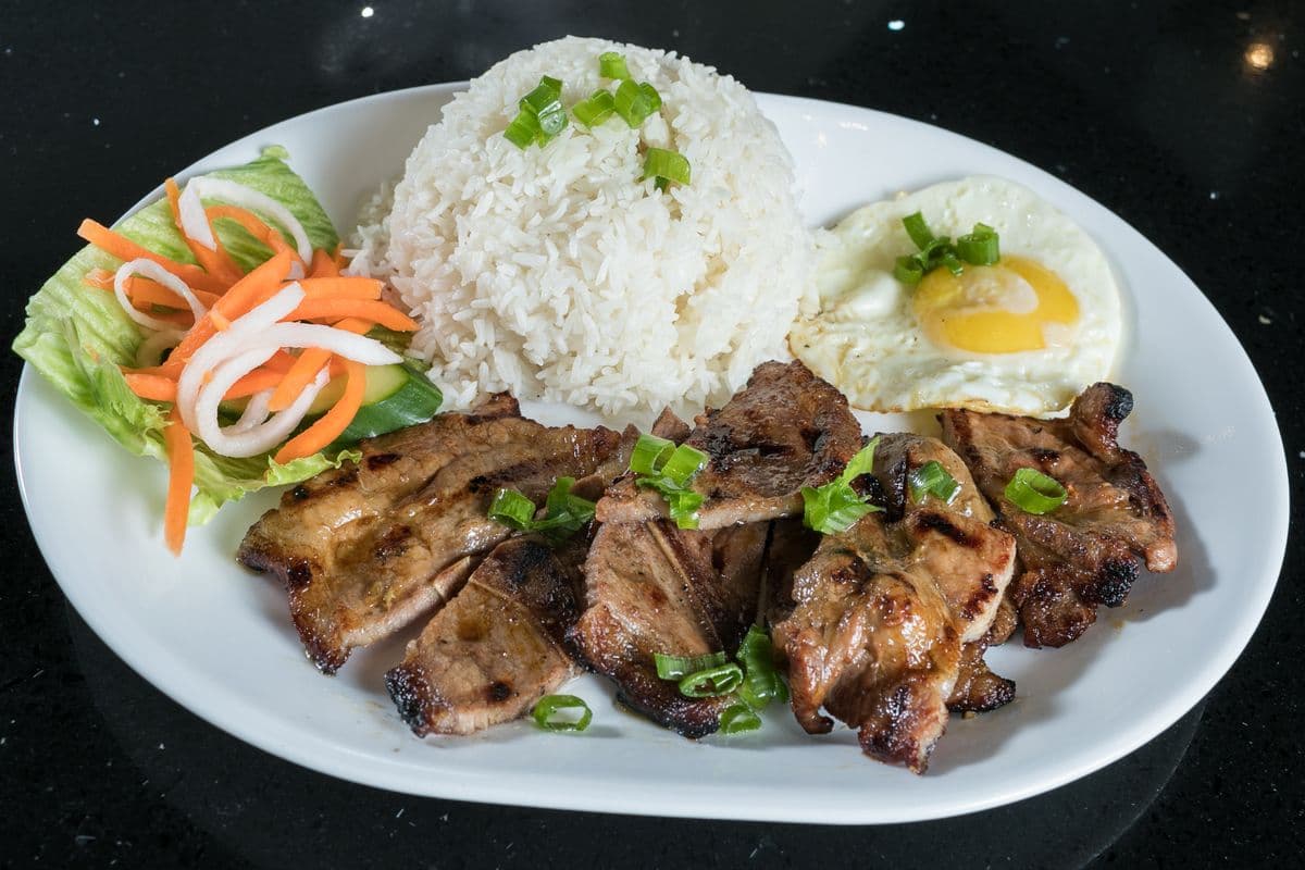 53. Grilled Lemongrass Pork Chop and Fried Egg on Rice - Com Suon Trung