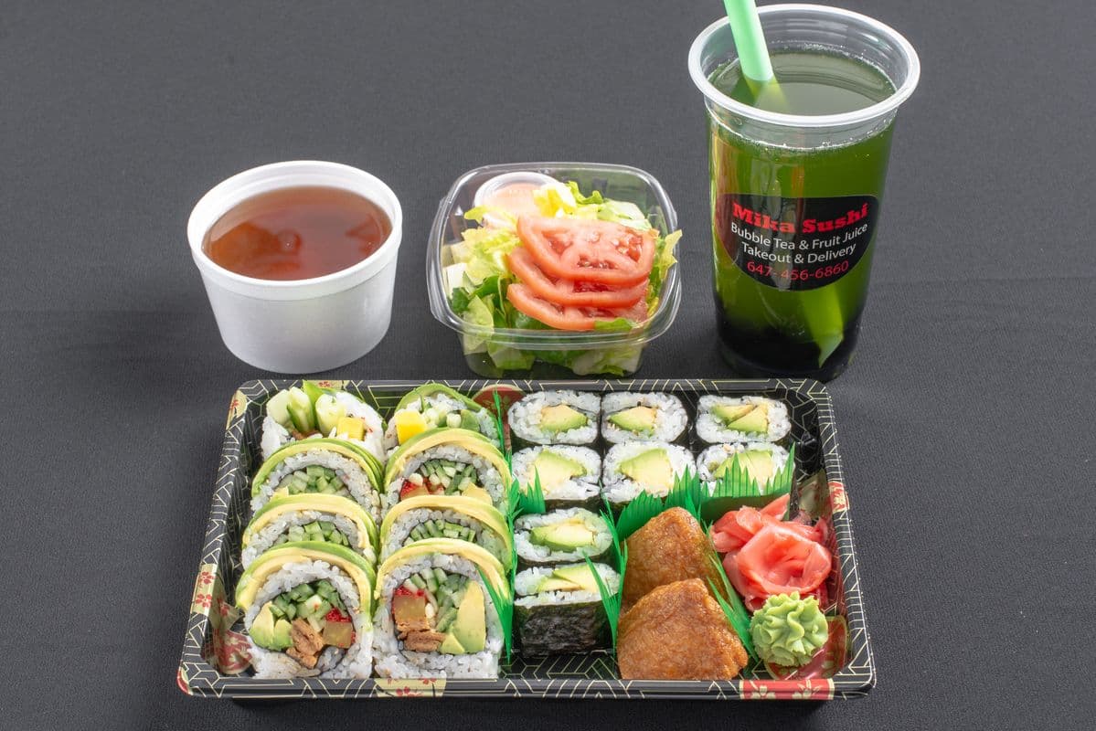 PC15. Vegetable Green Dragon Roll (8 pcs), Tofu Sushi (2 pcs), and Avocado Roll (8 pcs)