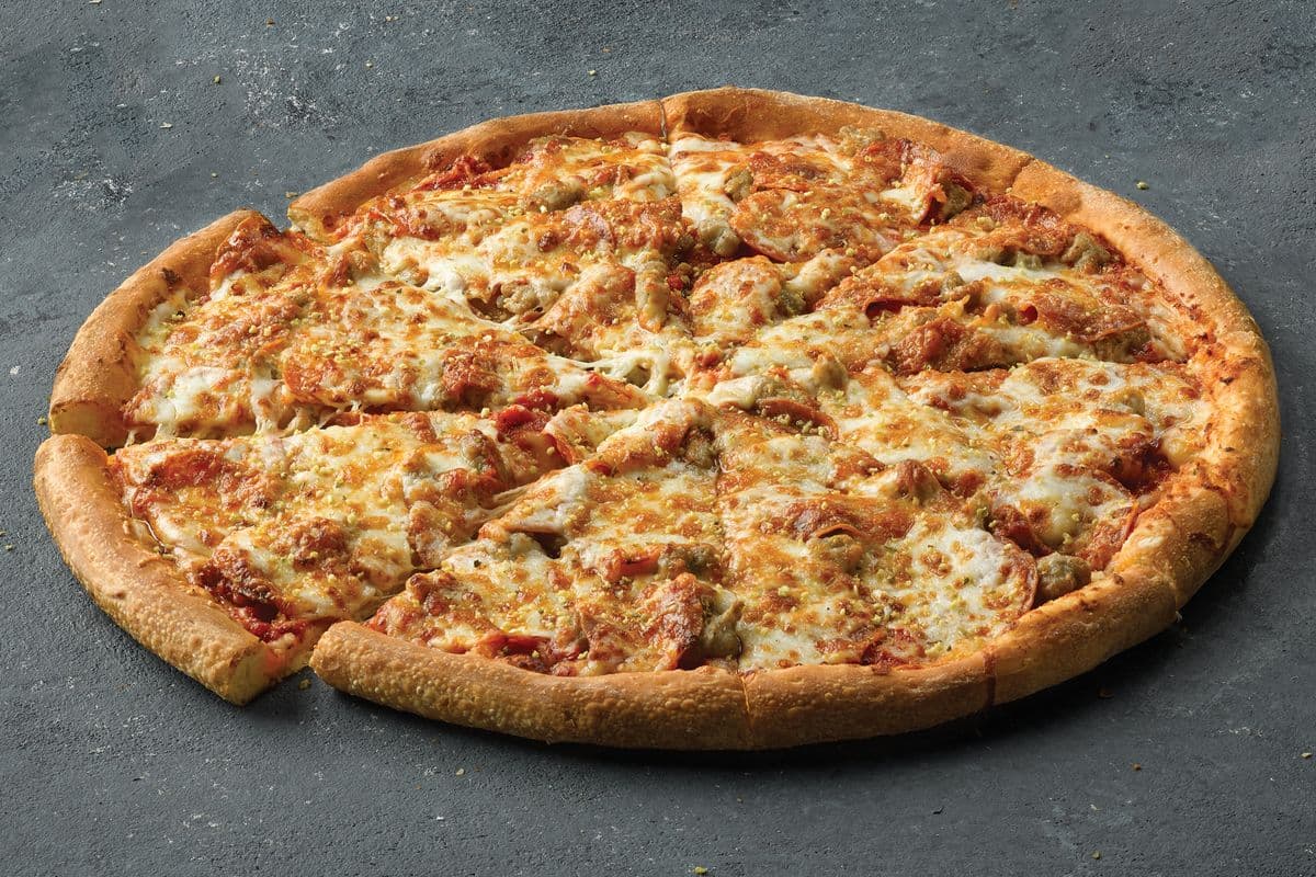 Large Sausage Pepperoni, and Six-Cheese Pizza