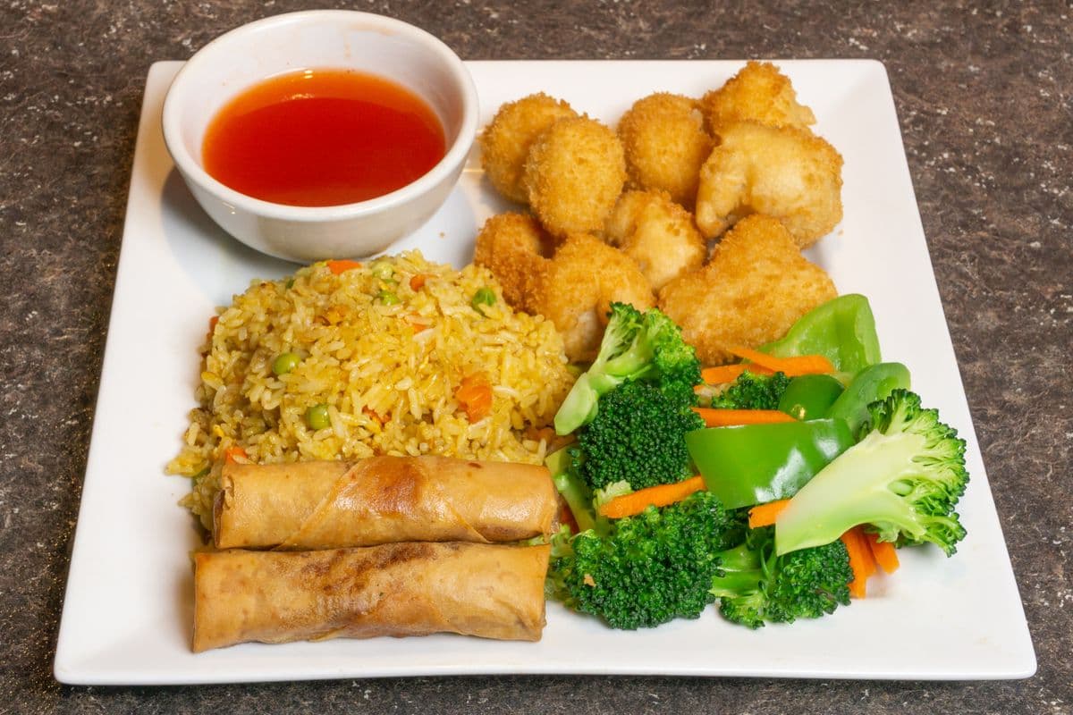 CB3. Breaded Chicken Ball, Spring Roll, and Vegetables with Fried Rice
