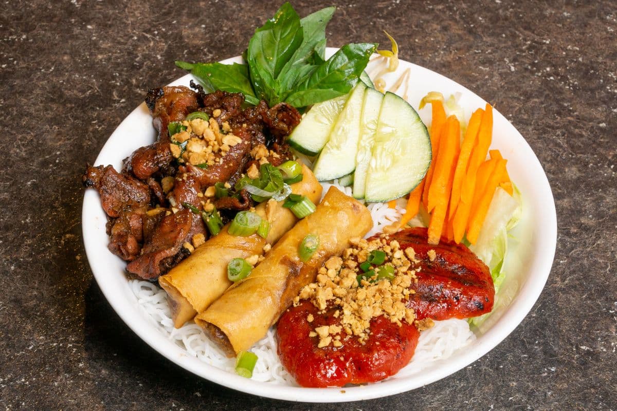 45. Deluxe Vietnamese Vermicelli with Charbroiled Pork, Spring Rolls, and Pork Balls