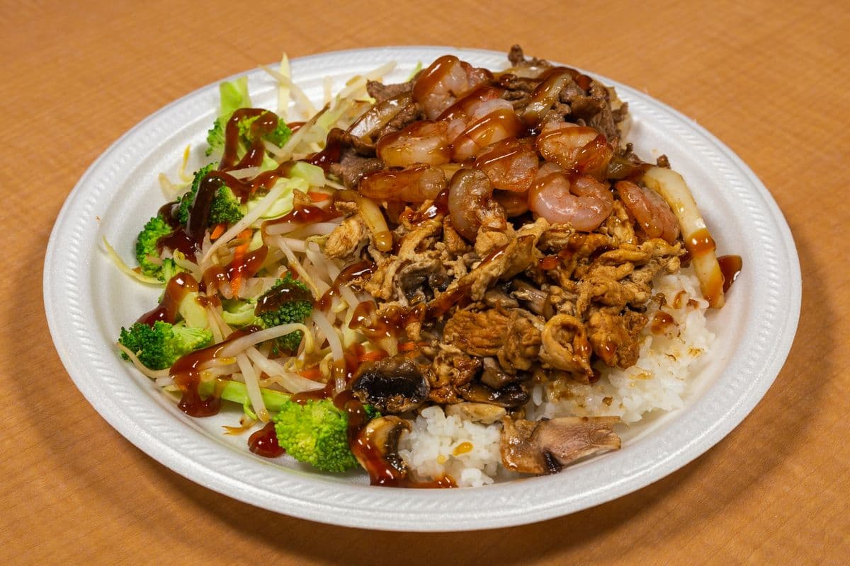 Chicken, Beef, and Shrimp Rice Mixed Combo