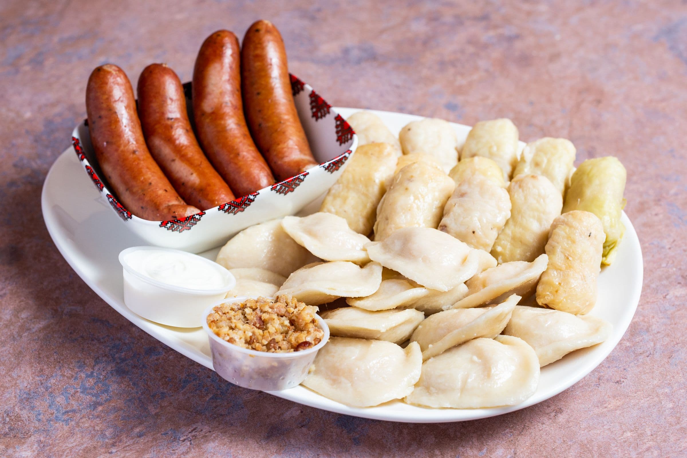 Small Perogies (12 pcs) and Cabbage Rolls (12 pcs) with Kobbassa Combo