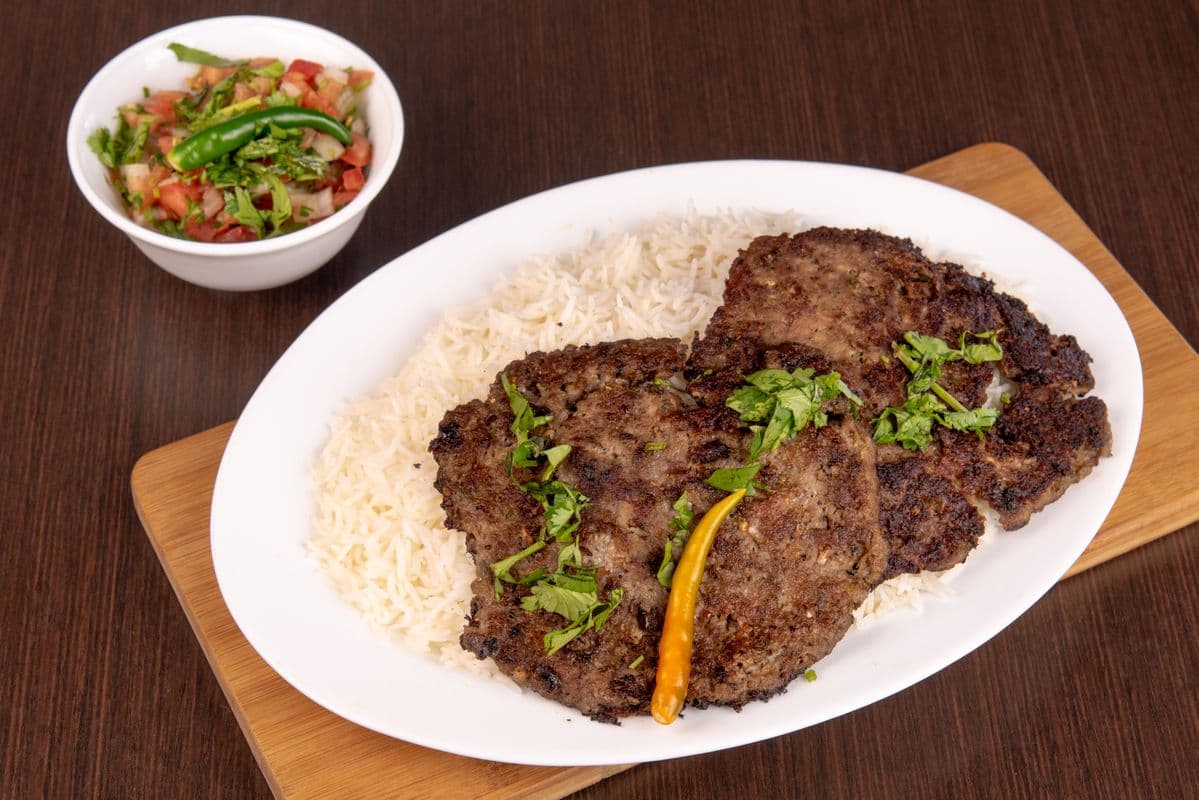 18. Chapli Kabob with Rice and Salad