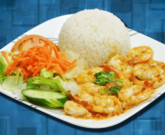 519. Stir-Fried Shrimp Butter with Garlic on Steamed Rice - Com Tom 10 Con Xao Bo Toi (10 pcs)