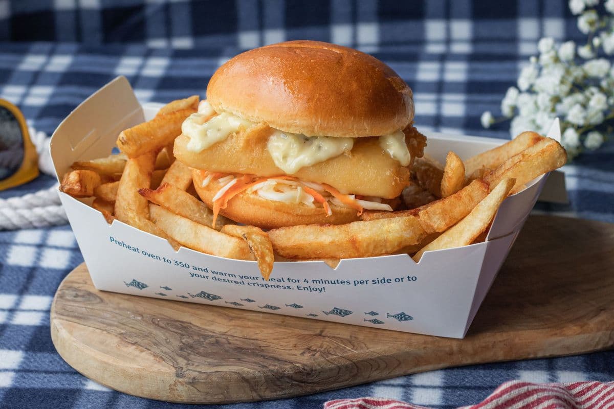 Halibut Fish Burger and Chips
