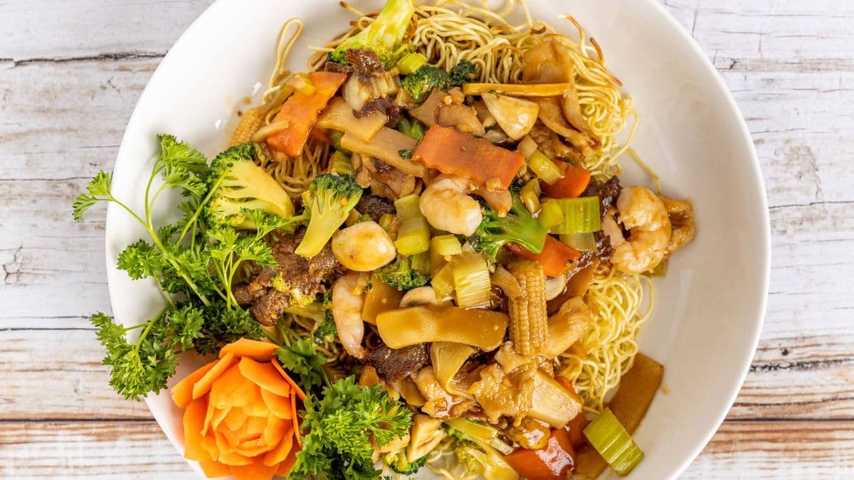 Shrimp, Chicken, Beef and Vegetables Over Egg Noodles
