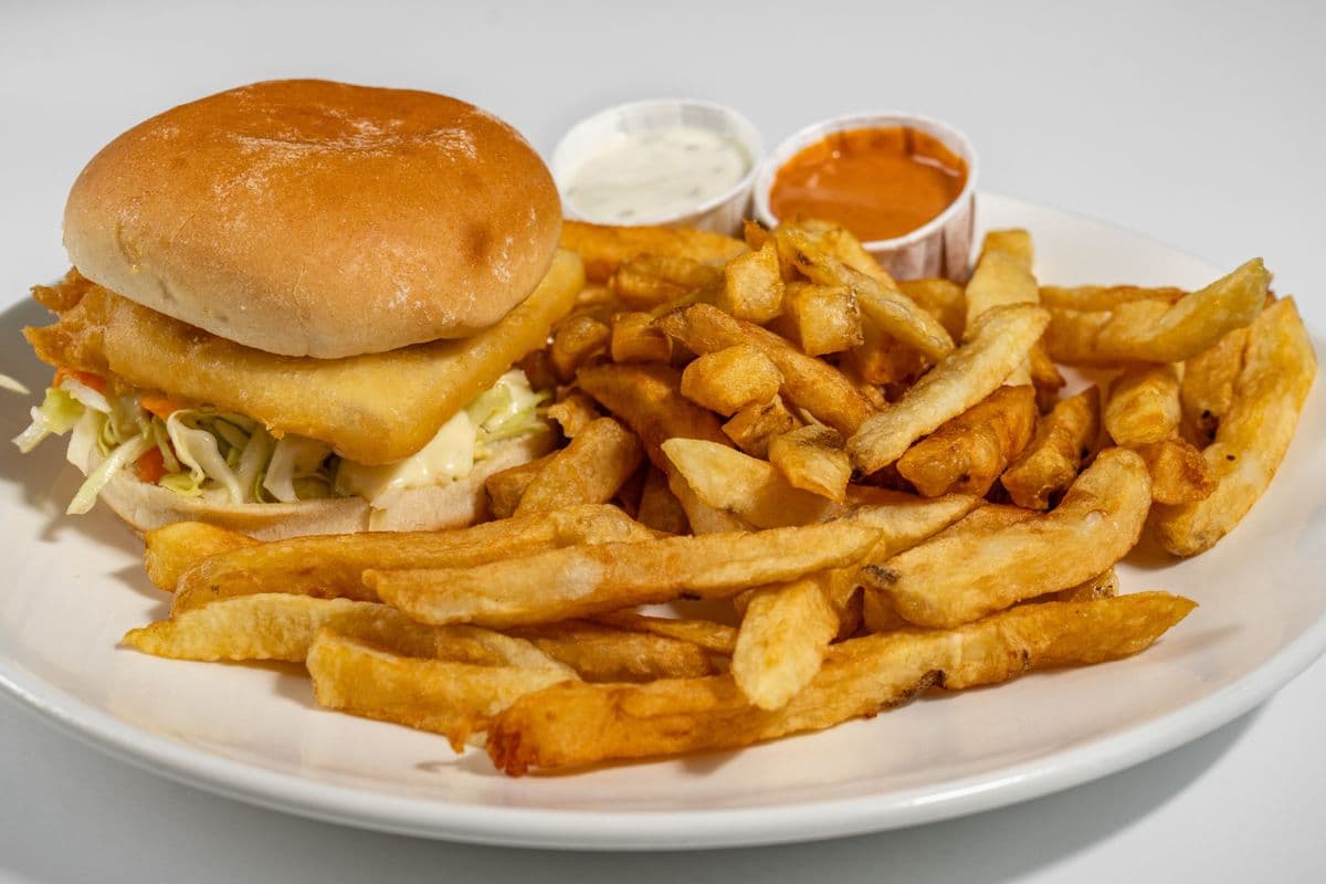 Halibut Fish Burger and Chips