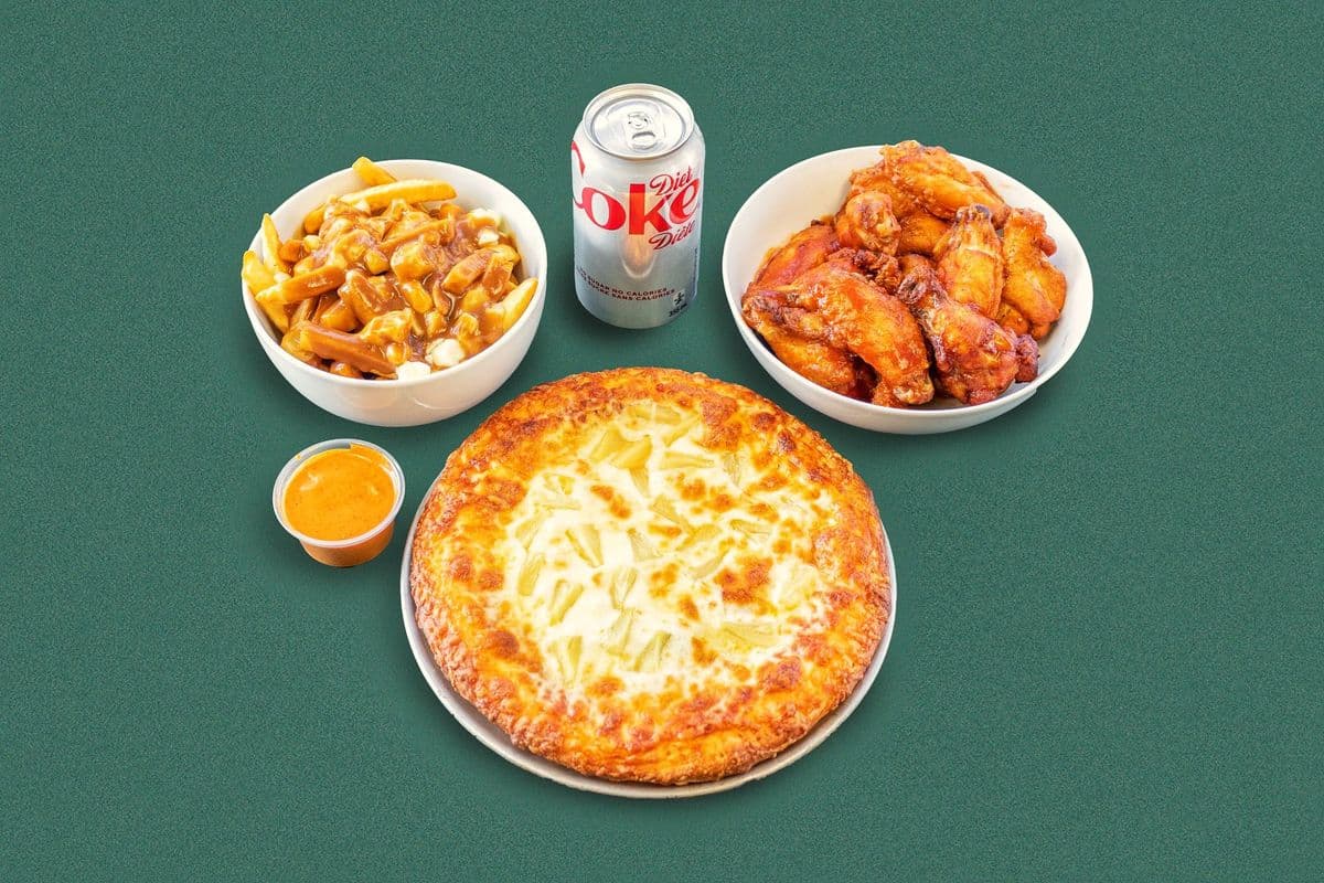 Small Three-Topping Pizza, 8 Wings or small Poutine, Pop and Dip
