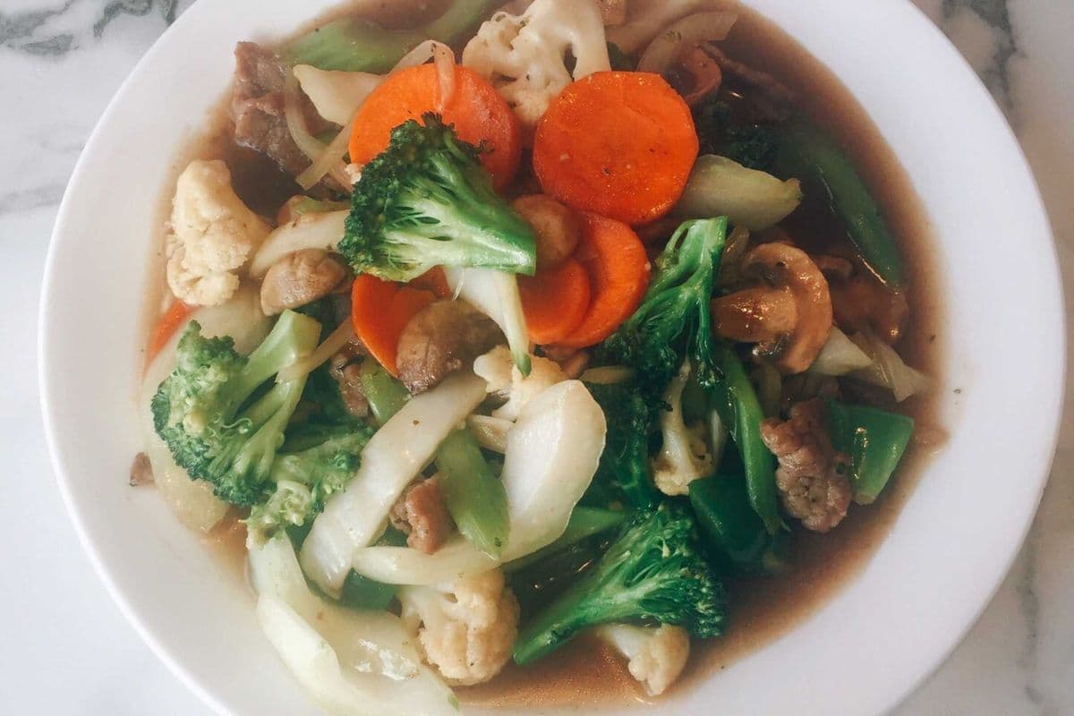 102. Tender Chicken, Pork, or Beef Stir Fry with Fresh Mixed Vegetables