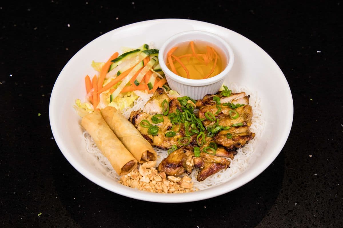 42. Grilled Chicken and Spring Roll with Vermicelli - Bun Ga Nuong Cha Gio
