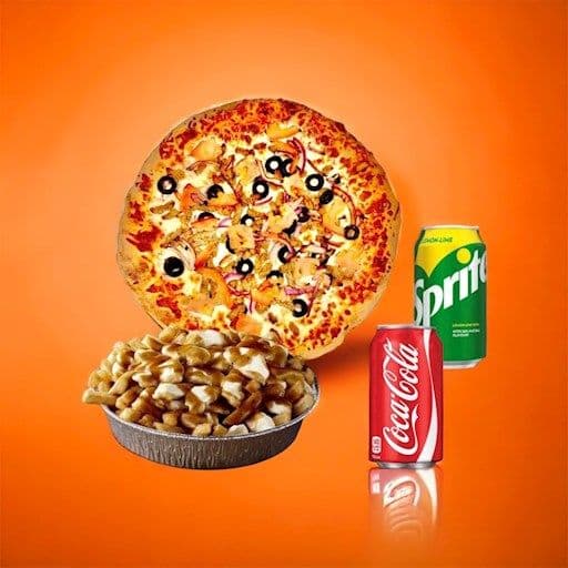 Promotion 4: Inclus 1 pizza 10po (3 ingrédients), 1 grande poutine (sauce brune), et 2 breuvages au choix